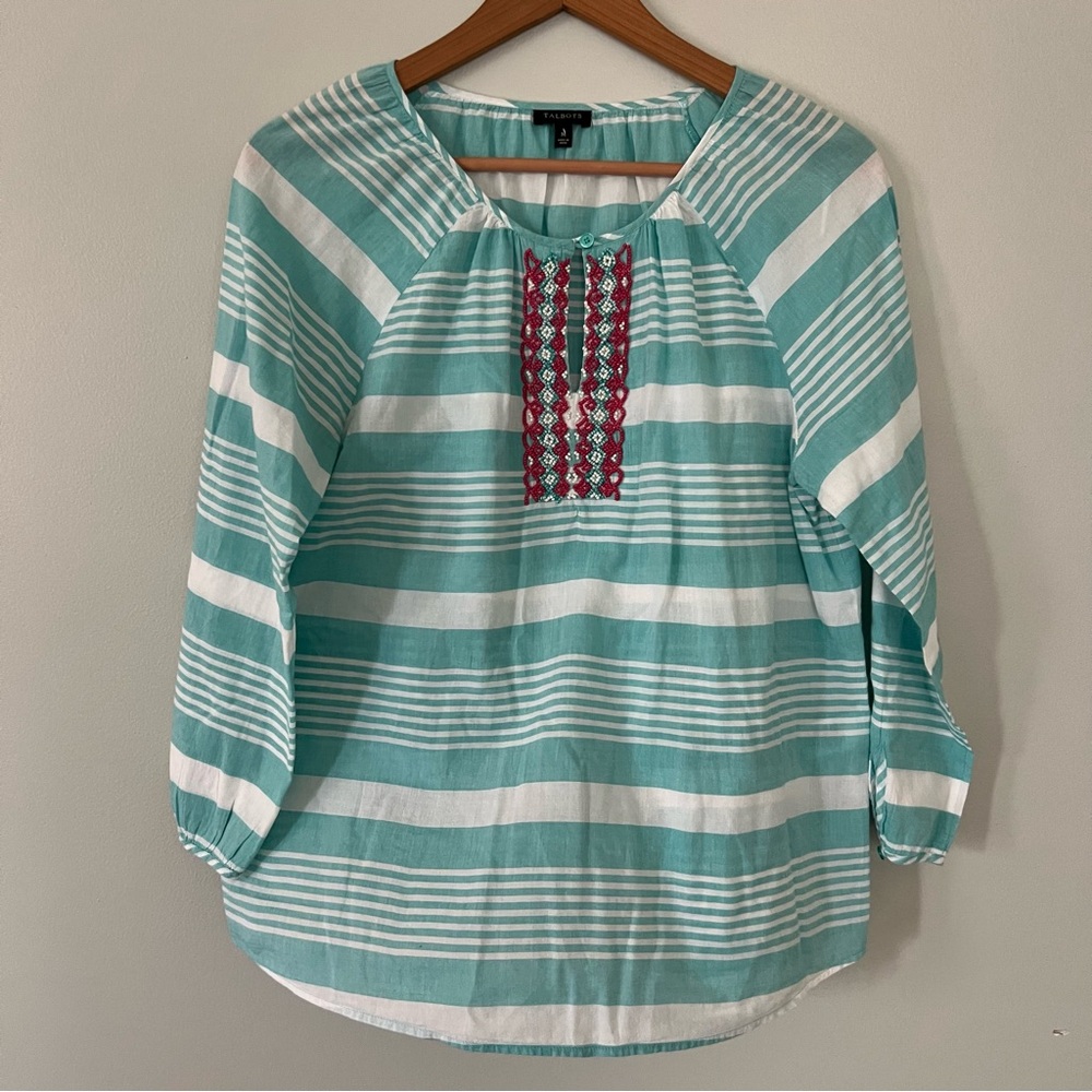 Talbots Cotton Blouse • Striped • Beaded • Medium
